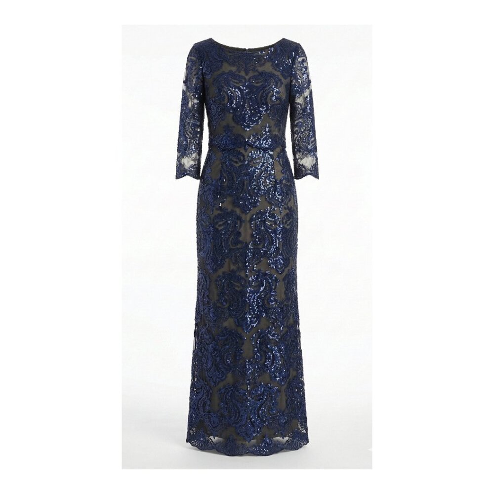 Tahari Arthur S. Levine Navy Blue Sequin Lace Formal Gown Dress Size 10